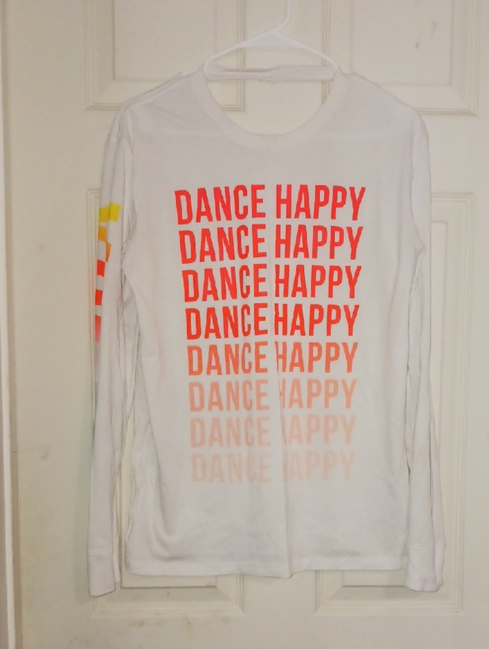 White Long Sleeve Tee with 'DANCE HAPPY' Ombre Print